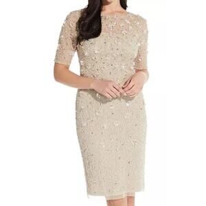ADRIANNA PAPELL SZ 2 beige 3d floral beaded knee length nwt $249  b118 *flaw